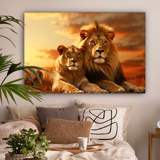 Peinture sur toile 120x80 cm - Lions - Tableaux de salon - Décoration murale animaux