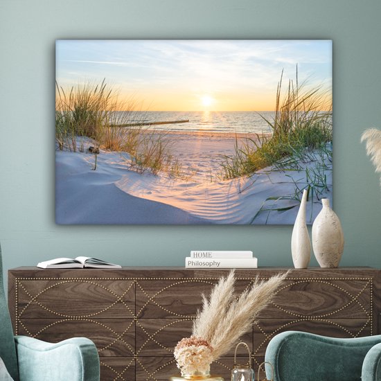 Canvas schilderij - Duinen en wadden zee 120x80 - Kamer decoratie accessoires strand en zee - Beach schilderijen woonkamer - Wanddecoratie slaapkamer - Muurdecoratie keuken - Wanddoek interieur binnen - Woondecoratie huis - Woonaccessoires