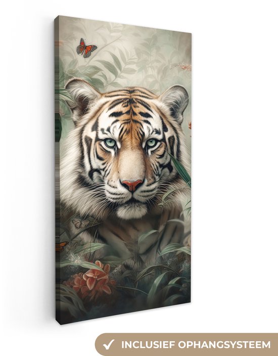 Tableau sur toile Tigre - Papillons - Animaux - Jungle - Fleurs - 40x80 cm - Décoration murale