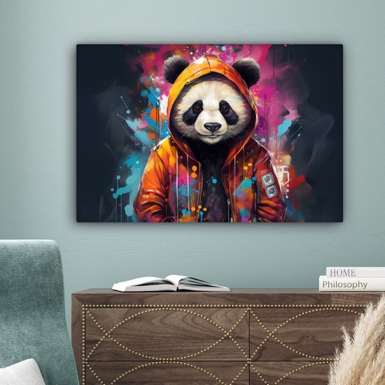 Tableau sur toile Panda - Manteau - Graffiti - Oranje - 60x40 cm - Décoration murale