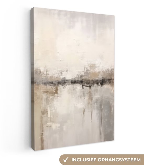 Peinture abstraite aux teintes beiges, brunes et grises, avec une ligne d'horizon et des reflets, avec 'Système de suspension inclus'.