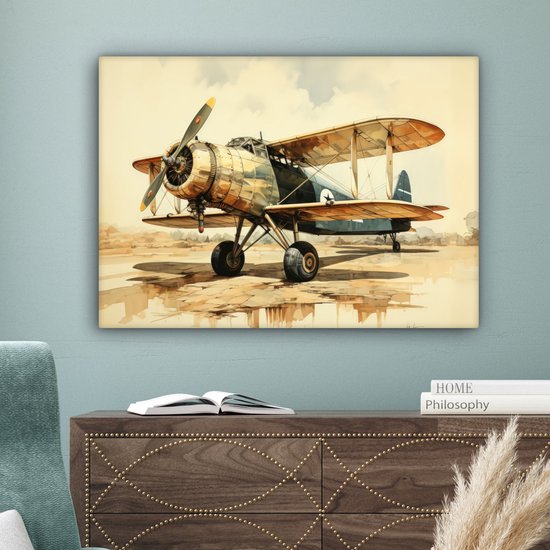 Peinture sur toile 80x60 cm - Décoration murale Vintage - Avion - Water - Beige - Véhicule - Décoration murale salon - Décoration chambre - Accessoires de chambre - Peintures