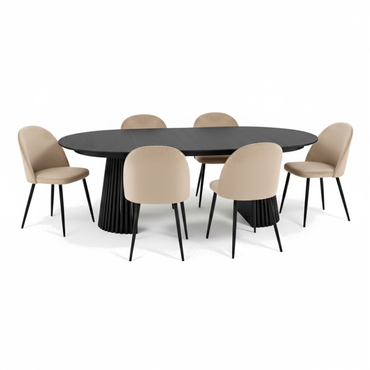 Tokyo eethoek eettafel zwart, 6 stoelen met beige velours bekleding.