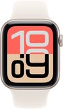 Apple Watch SE met een 44mm starlight aluminium kast en een starlight sportband. De wijzerplaat toont "10" in wit op een roze vlak en "09" in zwart op een beige vlak.