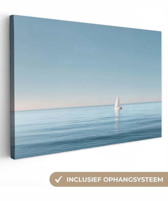 Canvas schilderij 120x80 cm - Exclusieve wanddecoratie Zeilbootje - Kalme zee - Helderblauwe hemel - Muurdecoratie woonkamer - Slaapkamer decoratie - Kamer accessoires - Schilderijen op canvas