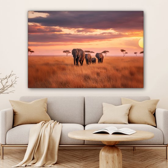 Tableau sur toile 120x80 cm - Décoration murale exclusive - Groupe d'éléphants - Plaine ouverte - Soleil - Décoration murale murale salon - Décoration chambre - Accessoires de décoration - Peintures sur toile