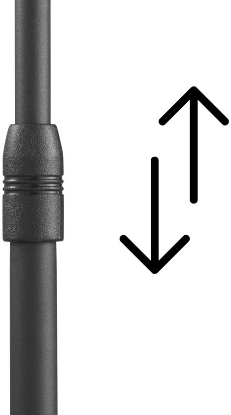 Hoogteverstelling op een zwarte standaard met dubbele pijlen.
