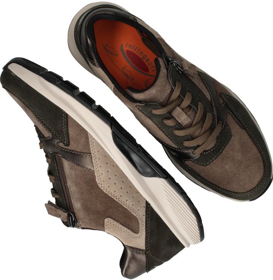 Twee bruine Gabor sneakers met veters, rits en "rollingsoft" logo.