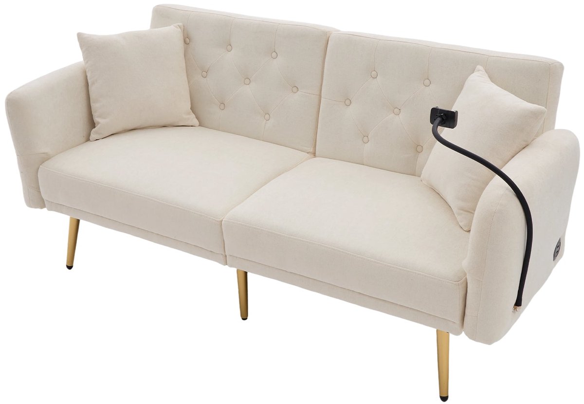 Merax Slaapbank 2-zits – Verstelbare Rugleuning - USB Oplaadpunten - Telefoonhouder - Zijvak - Stabiele Metalen Poten - Moderne Opklapbare Sofa Beige