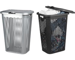 Wasmand Ventilation - met deksel - 2x stuks - zwart en zilver - 50 liter - 61 x 43 cm