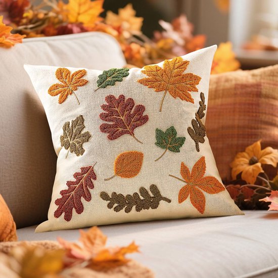 Herfstkussenhoes 45 x 45 cm, decoratieve geborduurde kussenhoes, esdoornbladeren pompoen kussenhoezen voor bank tuin woonkamer slaapkamer Thanksgiving Day herfstdecoratie