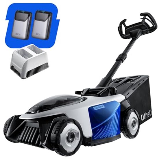 Zelfrijdende elektrische grasmaaier 43 cm met mulch, 2 accu’s, 6 maaihoogtes en 50L grasbak