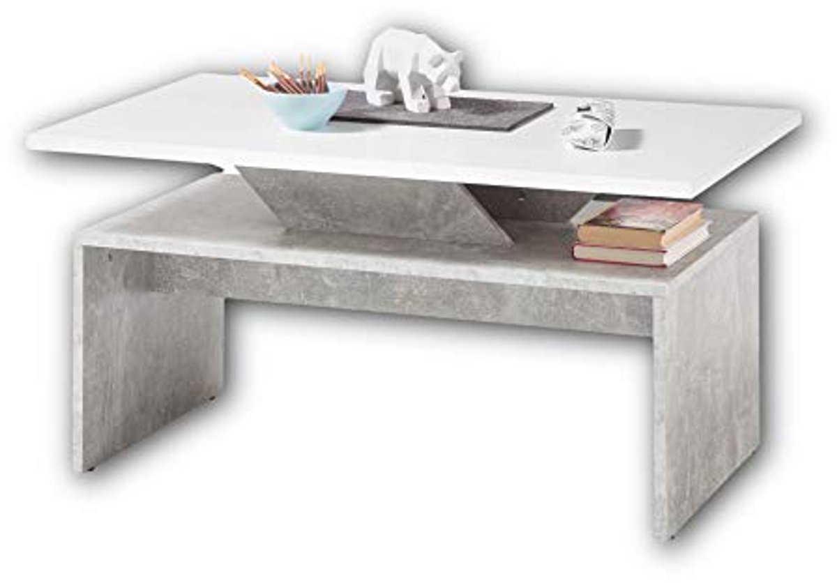 Moderne salontafel met verhoogd tafelblad in betonlook en wit - 100 x 50 x 60 cm