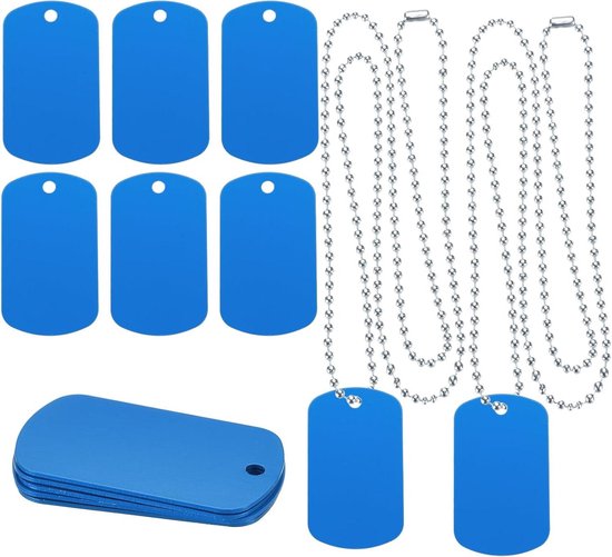 Metalen blanco labels voor huisdieren met halsketting en gravure - set van 5 (blauw)