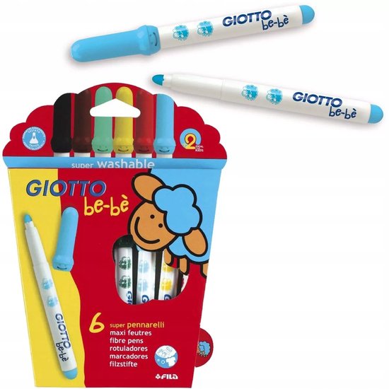 Giotto be-be maxi viltstiften, 6 stuks. Een blauwe stift en een witte stift met blauwe dop liggen naast de verpakking. De verpakking toont een schaapje en de tekst "super washable".