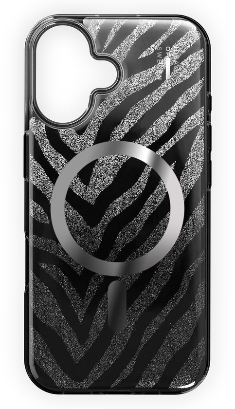 Coque de téléphone noire avec imprimé zèbre pailleté argenté et anneau magnétique.