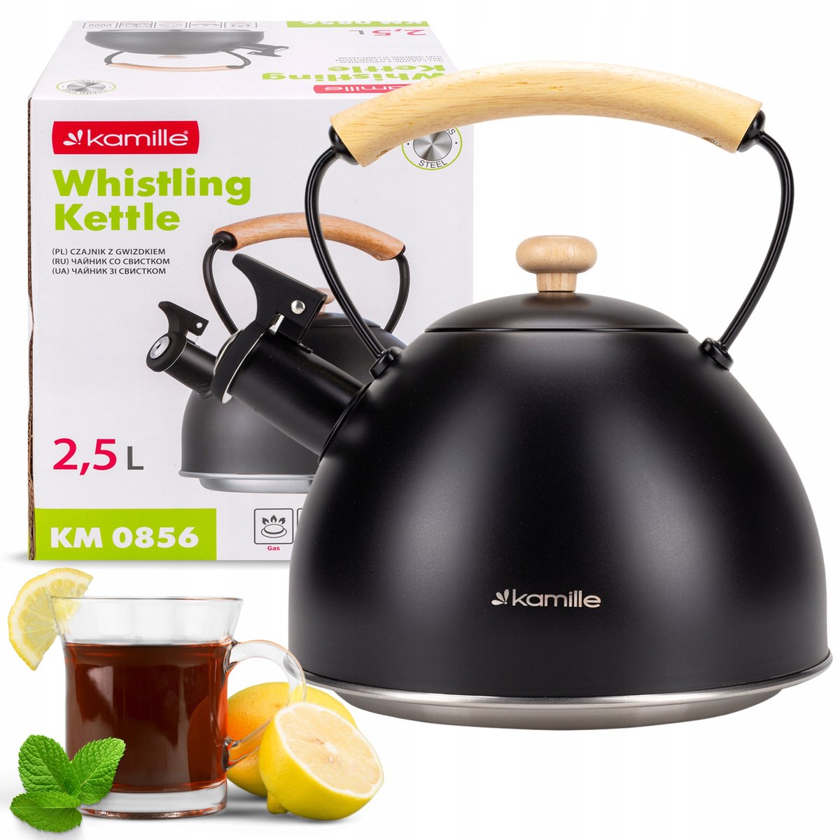 Kamille Stalen Waterkoker met Fluitje - 2.5L - Zwart - Geschikt voor Inductie