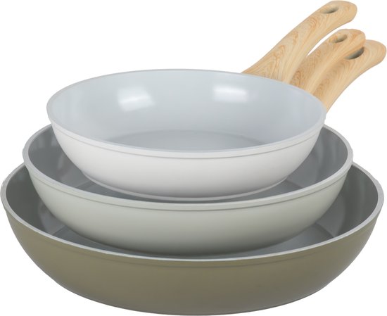 Maison & Kitchen - Koekenpan Inductie Koekenpannenset PFAS vrij serie - 3 delig pan - inductie pannen Ø 20, 24 & 28 cm - koekenpannen - Keramische Pannenset - Gray Olive Green