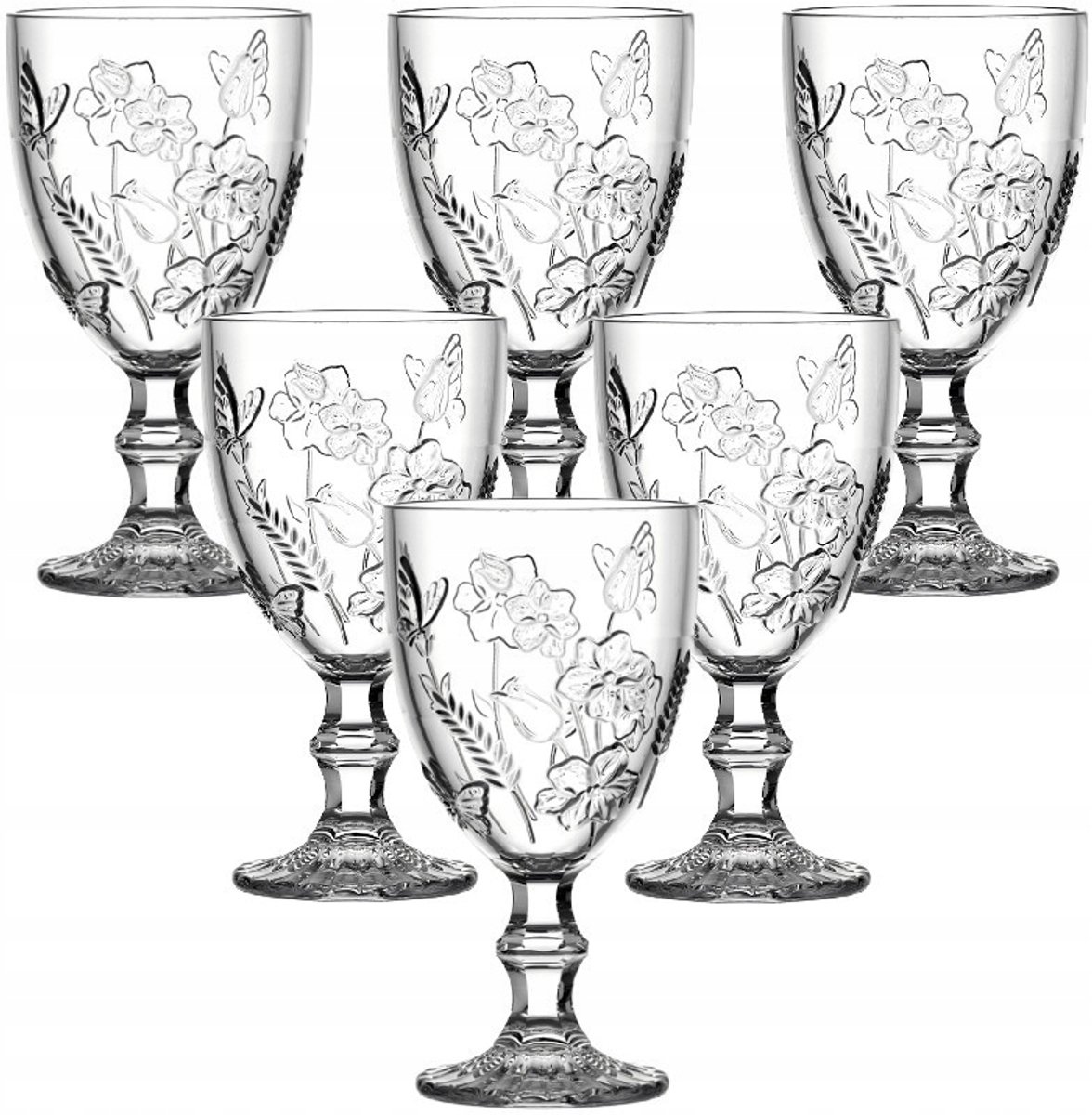 6x Elegante Glazen 300ml op Voet - Drinkglazen met Bloemen Decor