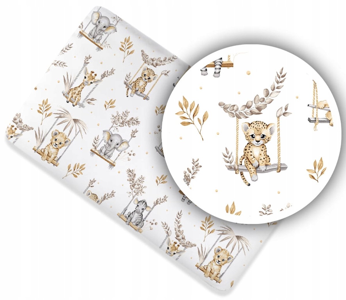 Hoeslaken Katoen Kinderbed 120x60cm - Beesten op Schommel Beige