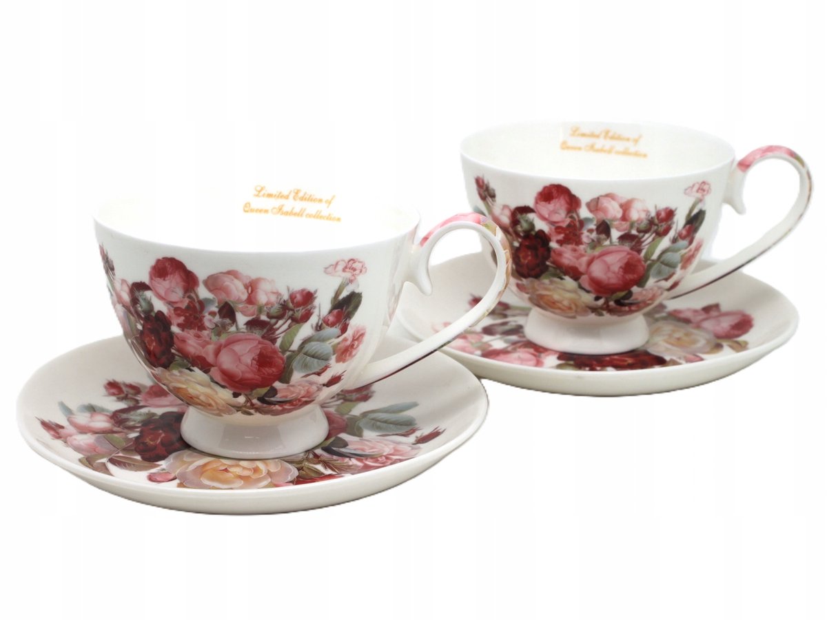 Elegante Porseleinen Kopjes met Schotels - 2 stuks - Rozenmotief