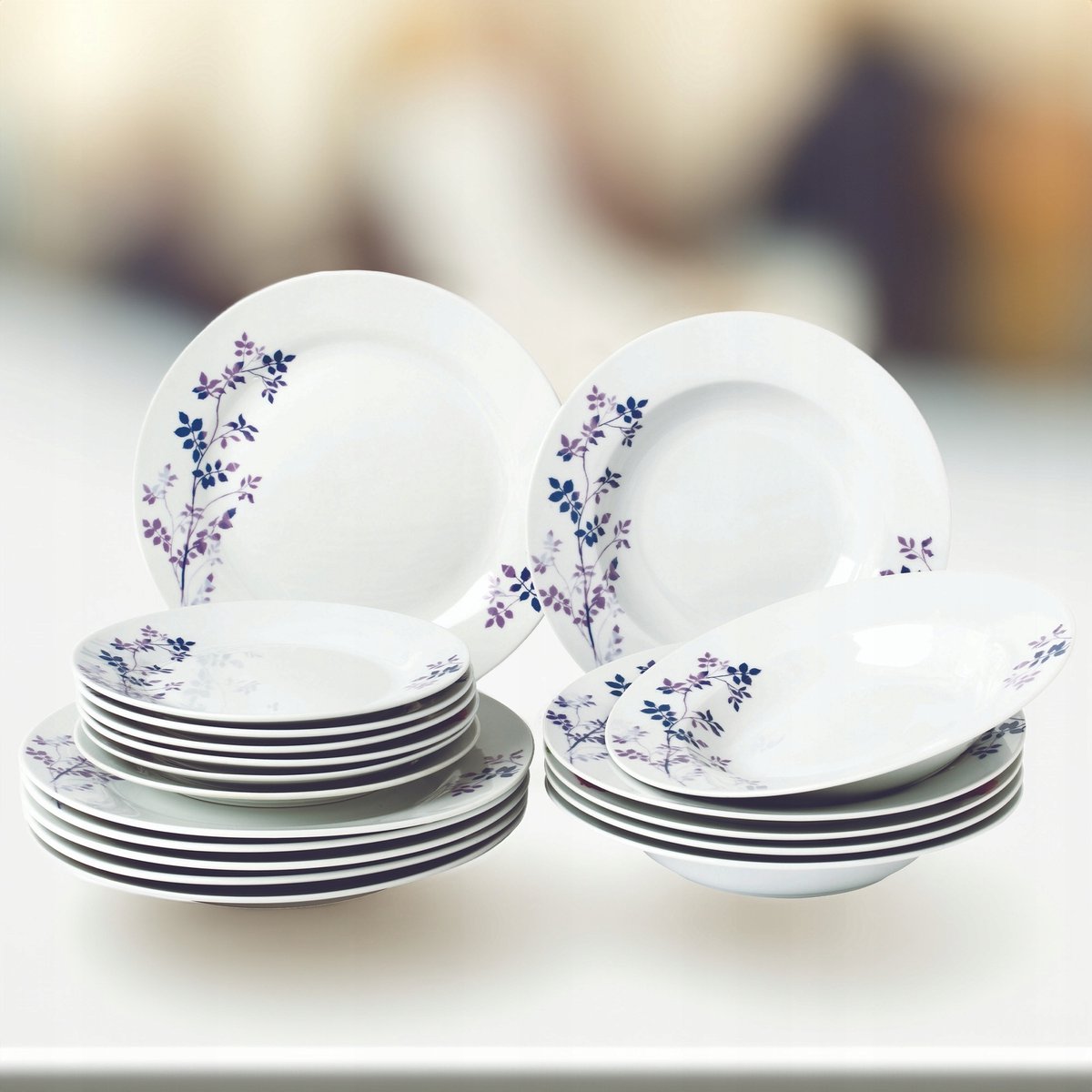 Porseleinen servies 18-delig voor 6 personen, wit met takjesmotief