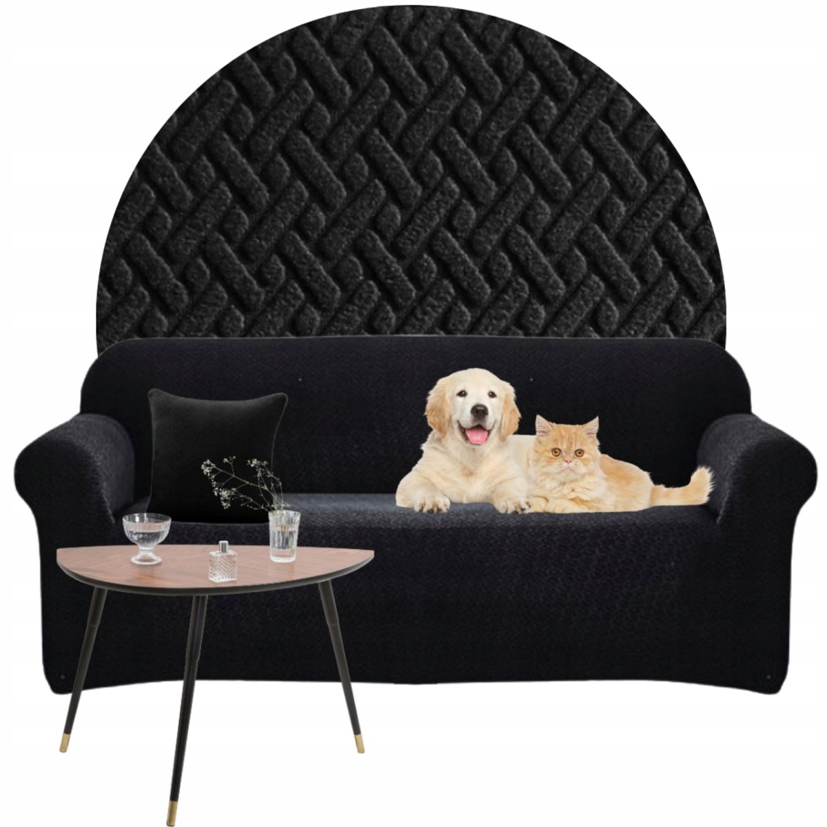Elastische Bankhoes Hoekbank Jacquard Visgraat 190-230cm OEKO-TEX Zwart