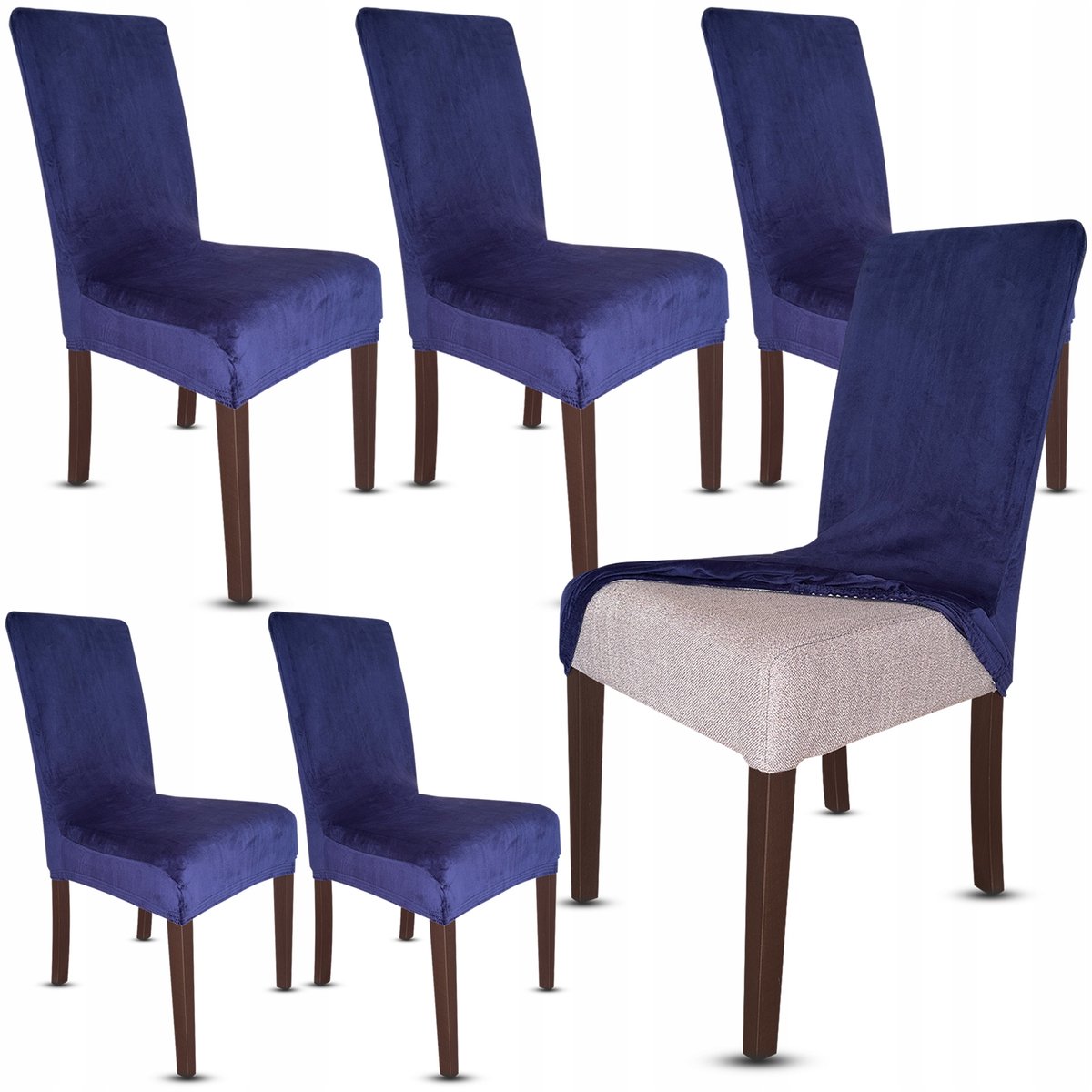 Set van 6 Universele Velours Stoelhoezen - Marineblauw
