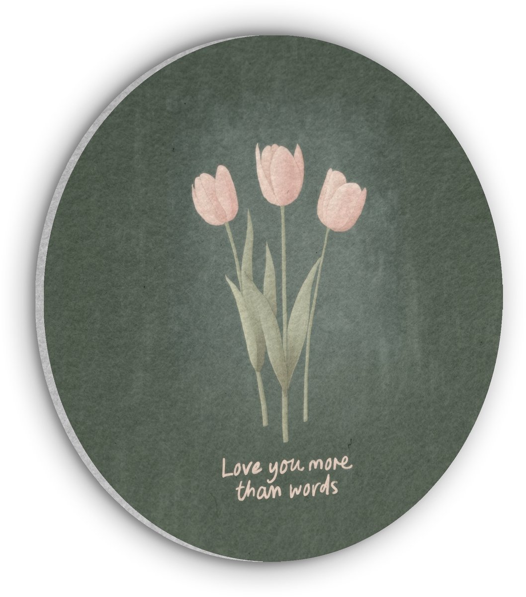 Akoestisch wandpaneel rond 60x60 cm - Vilt schilderij Tulpen - Roze - Tekst - Love - Ronde akoestische panelen - Geluidsdempende wanddecoratie - Geluidsisolatie wandcirkel - Muurdecoratie geluidspanelen - Moederdag cadeautje - Cadeau voor mama