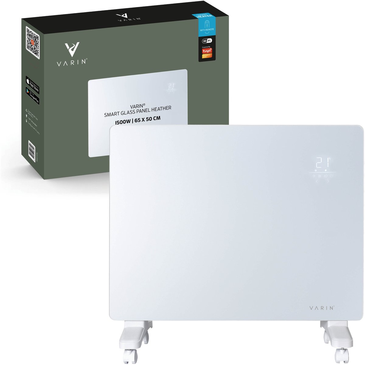 Varin® Smart Design Elektrische kachel - 1500 Watt - 65x55cm - Helder wit glas - IP24 - Met thermostaat - Wandmontage of verrijd - Elektrische verwarming badkamer - Convectorkachel electrisch - Electrische kachels voor binnen - Elektrisch - Tuya Wifi