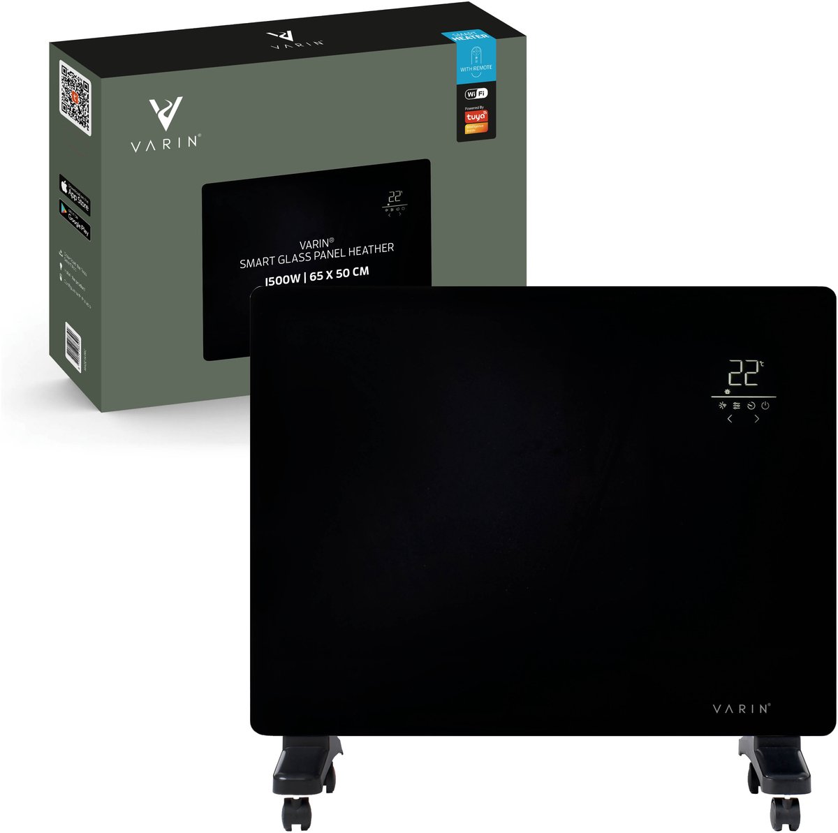 Varin® Smart Design Elektrische kachel - 1500 Watt - 65x55cm - Zwart glas - IP24 - Met thermostaat - Wandmontage of verrijdbaar - Elektrische verwarming badkamer - Convectorkachel electrisch - Electrische kachels voor binnen - Elektrisch - Tuya Wifi