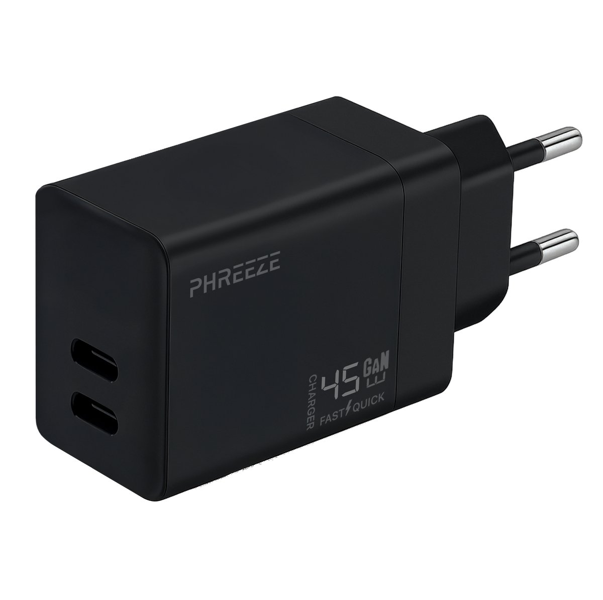 Usb C oplader 45w 2 poorten - Gan fast charger - Snellader - Zwart - Phreeze