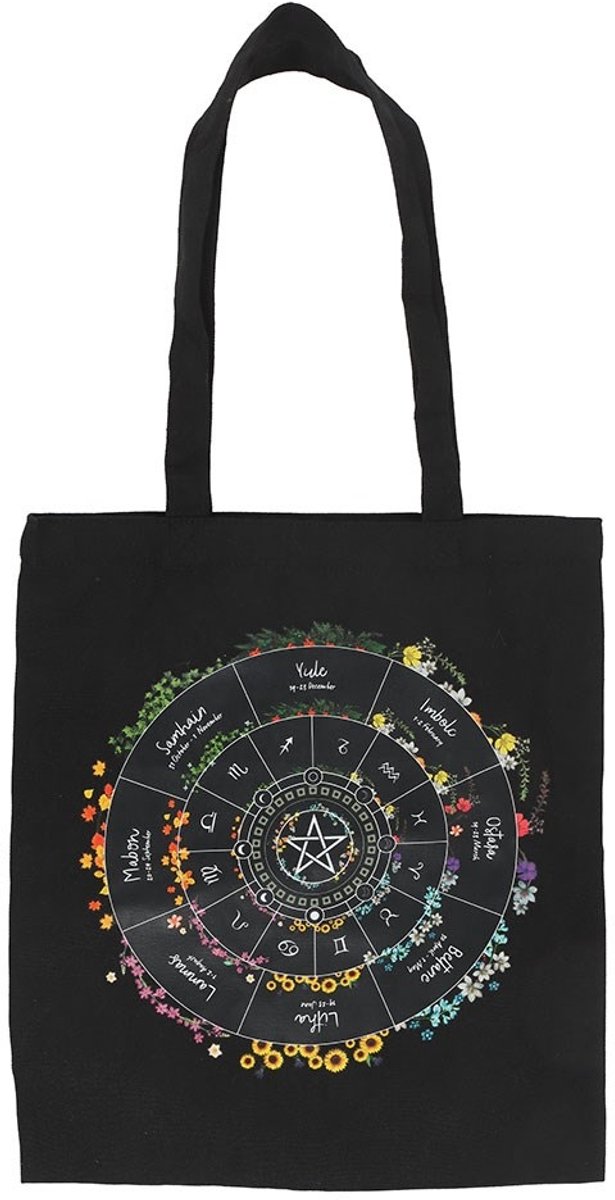 Spirituele 'Wheel of the Year' Polycotton Tote Bag - Zwarte Draagtas met Wicca Jaarwiel Print - 70 cm