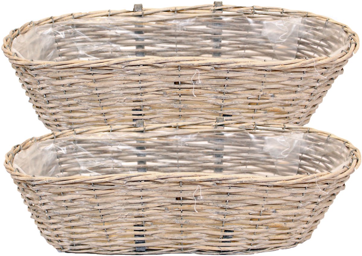 Van der Leeden Balkonmand - 2x - ovaal - rotan gevlochten - 56 x 22 x 17 cm - bloemen/planten mand - schuttingmand - hangmand - plantenpot - bloempot