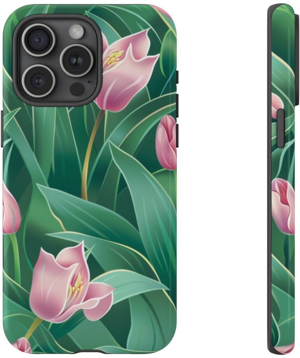 Roze Tulp Bloemenpatroon – Telefoonhoesje Geschikt voor iPhone 15 Pro Max