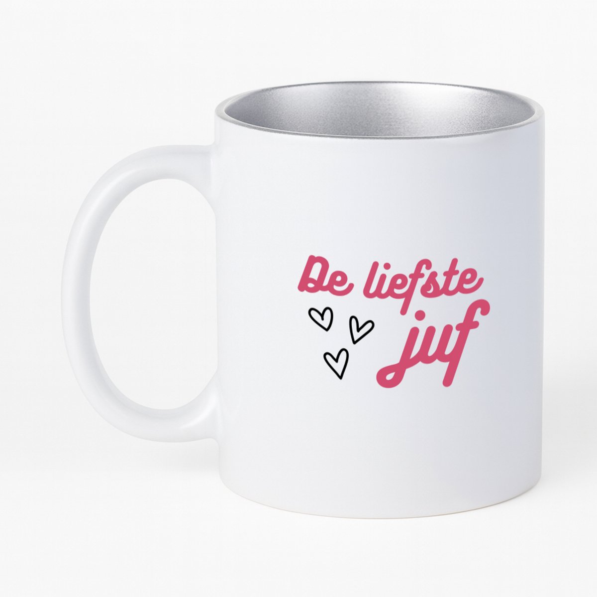 Hacebo® - de liefste juf koffiebeker met zilver kleurige binnenkant - voor de liefste juf - thee mok - koffie beker - juf - verjaardagscadeau - verjaardag - cadeau - afscheidscadeau - geschenk - leuke cadeau - kado - koffiemok - 330 ML