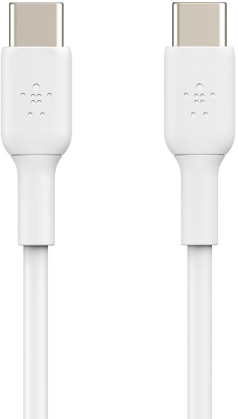 Un câble USB-C blanc avec connecteurs argentés.