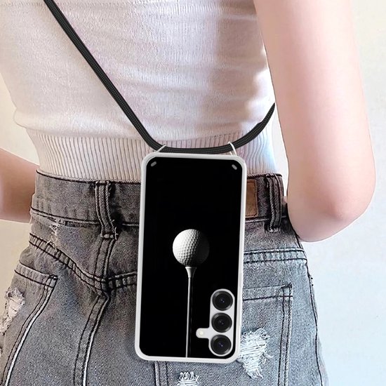 Telefoonhoesje Geschikt voor Samsung Galaxy S25 Plus - Golfbal - Minimalistisch - Wit - Siliconen - Crossbody - Backcover met Koord - Telefoonhoesje met koord - Hoesje met touw Telefoonhoesje