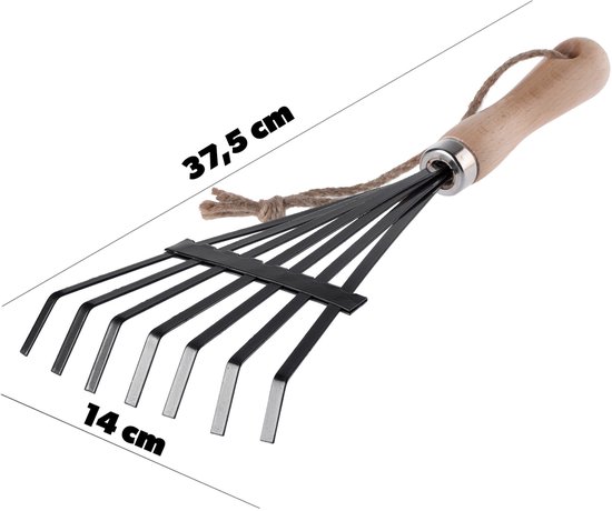 KADAX Kleine hark van metaal, hark met steel van hout, bladhark, bladhark, gazonhark voor tuin, hark, handhark, kleine waaierbezem (7 tanden, zwart, zwart) van Merkloos	 — afbeelding 2
