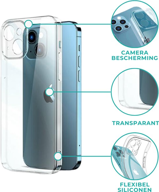 Blauwe iPhone met transparant hoesje. Details: camera bescherming, transparant, flexibel siliconen.