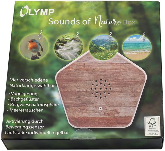 Doos van de Olymp Sounds of Nature Box met houtnerfprint en vier cirkelvormige afbeeldingen: roodborstje, kreek, berglandschap, strand.