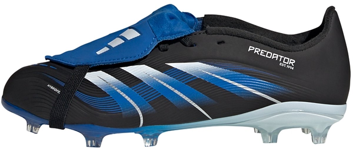 Zwarte adidas Predator League JB voetbalschoenen voor kinderen met blauwe fold-over tong en Hybridfeel-bovenkant.