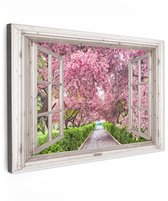 Tuinschilderij voor buiten 120x80 cm - Tuindecoratie Japans - Sakura - Bloesem - Boom - Bloesem takken - Doorkijk - Tuinposter op canvas - Tuin muurdecoratie - Buitenschilderij decoratie - Schutting wanddecoratie - Buitencanvas