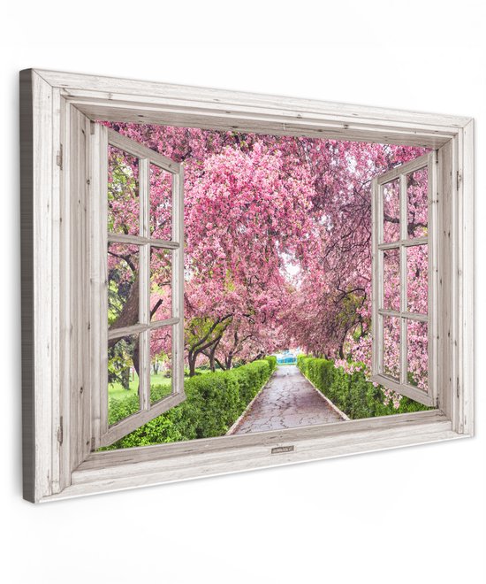 Tuinschilderij voor buiten 120x80 cm - Tuindecoratie Japans - Sakura - Bloesem - Boom - Bloesem takken - Doorkijk - Tuinposter op canvas - Tuin muurdecoratie - Buitenschilderij decoratie - Schutting wanddecoratie - Buitencanvas
