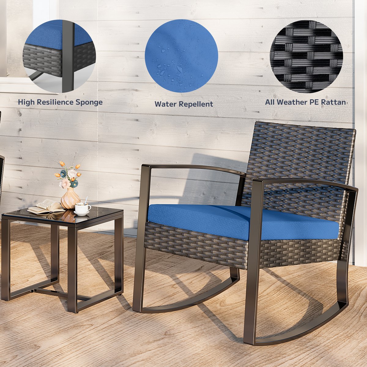 Xbro Tuinset – 3-delige Zitgroep met Rotan Stoel en salontafel , Weerbestendig en Ruimtebesparend – Outdoor loungeset – Balkonset voor Tuin, Terras en Zwembad – 60 x 50 x 80 cm – Blauw – foto 8