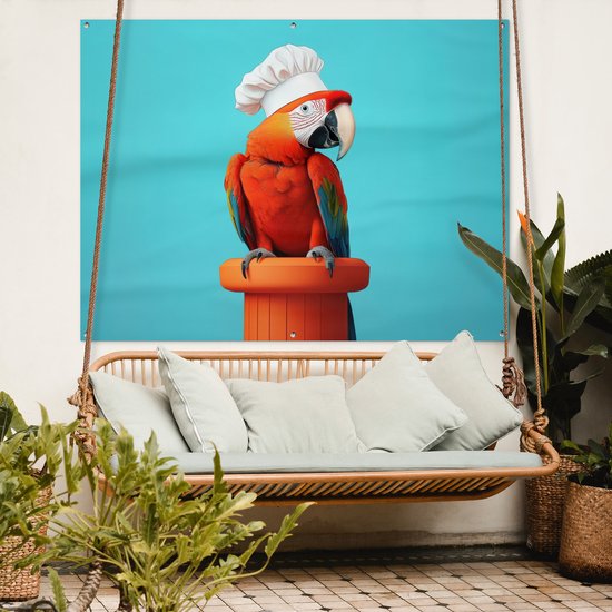 Tuinposter 160x120 cm - Tuindecoratie Ara - Koksmuts - Sokkel - Grappig - Poster voor in de tuin - Buiten decoratie - Schutting tuinschilderij - Tuindoek muurdecoratie - Wanddecoratie balkondoek