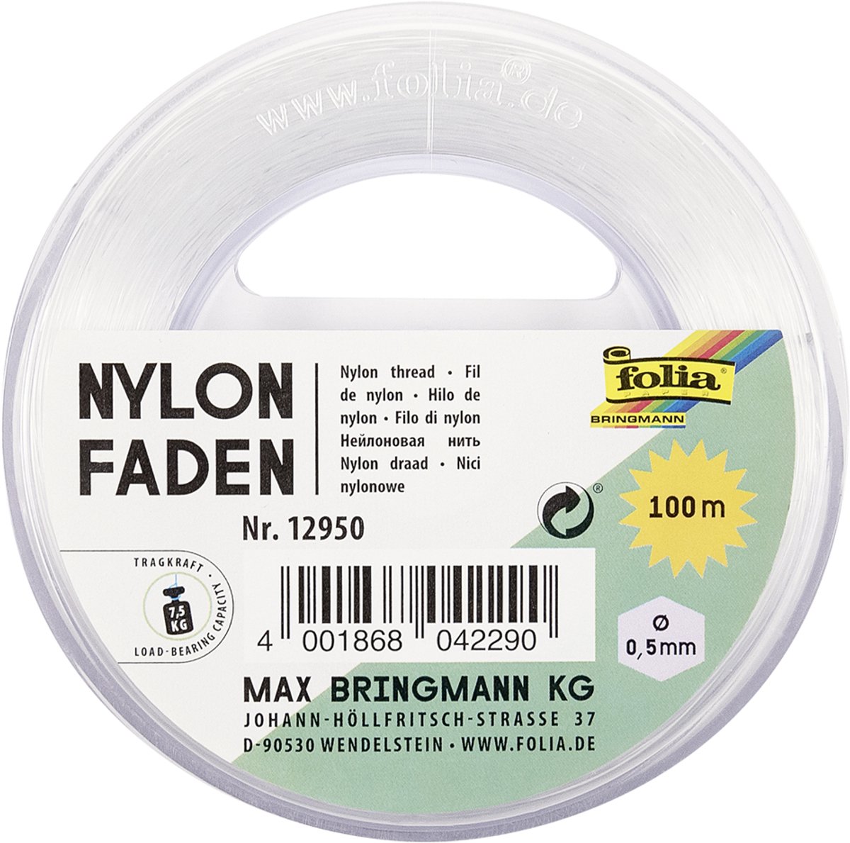Nylondraad op spoel, 0,5 mm x 100 m, transparant