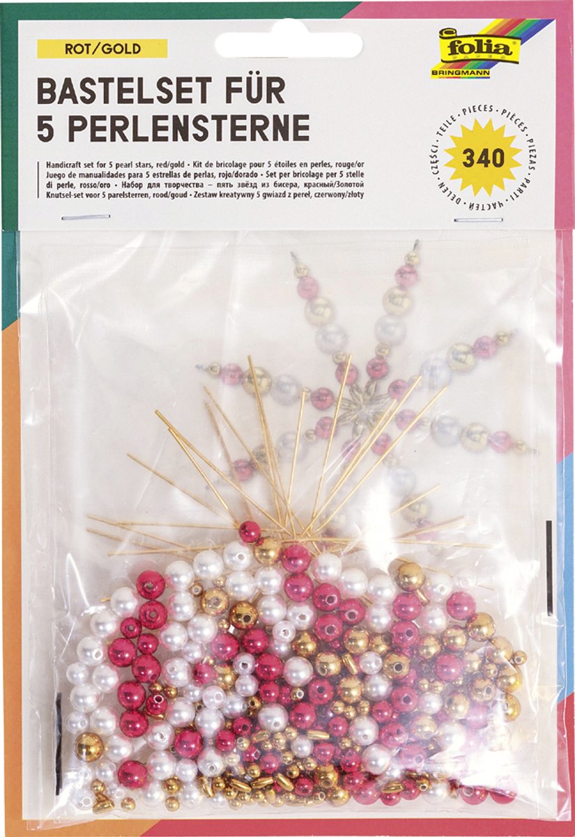 folia kralen sterren-set, 340-delig, rood/goud/parelwit