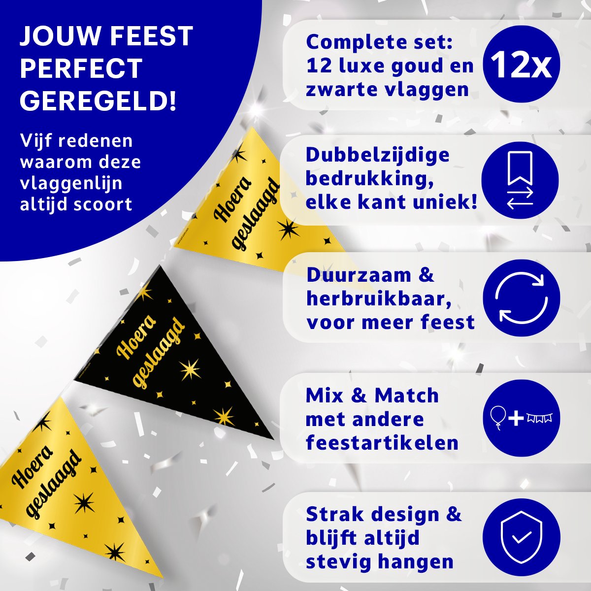 BTH - Slingers - Hoera Geslaagd - Goud en Zwart - Geslaagd Versiering - Slinger - Vlaggenlijn - Geslaagd Cadeaus - 1 Stuk — afbeelding 4