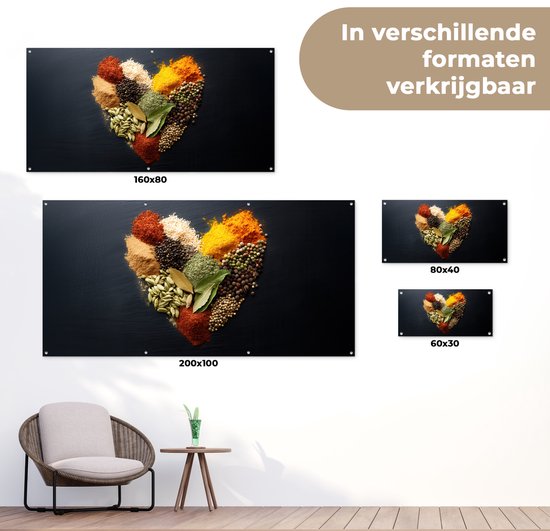 Affiche de jardin 200x100 cm - Décoration de jardin Épices - Mix - Forme de cœur - Zwart - Affiche pour le jardin - Décoration extérieure - Tableau de jardin clôture - Décoration murale sur toile de jardin - Décoration murale sur toile de balcon
